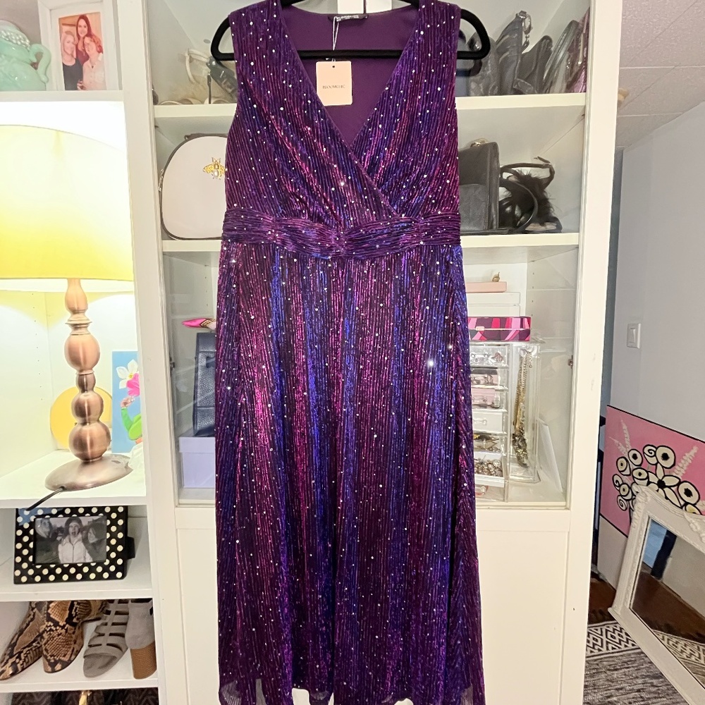 Purple Sequin Semi-Formal Sleeveless Midi Dress
